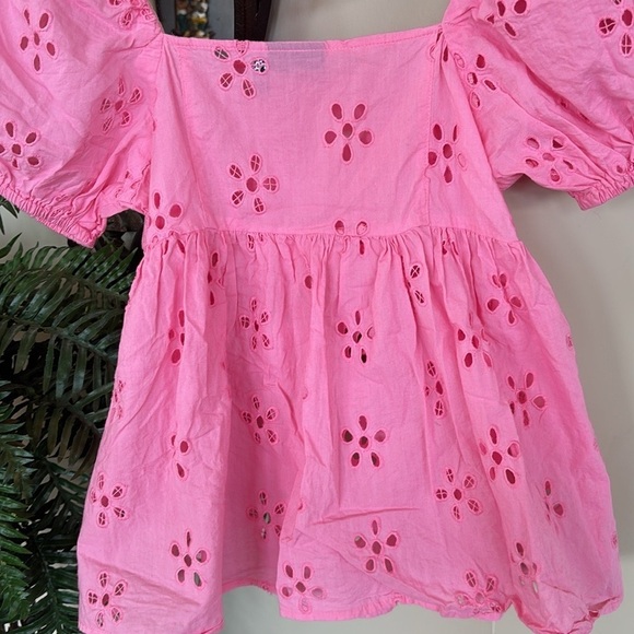 ASOS Bubblegum Pink Eyelet Puff Sleeve Top Ruffle Barbiecore 100% Cotton - Picture 10 of 14